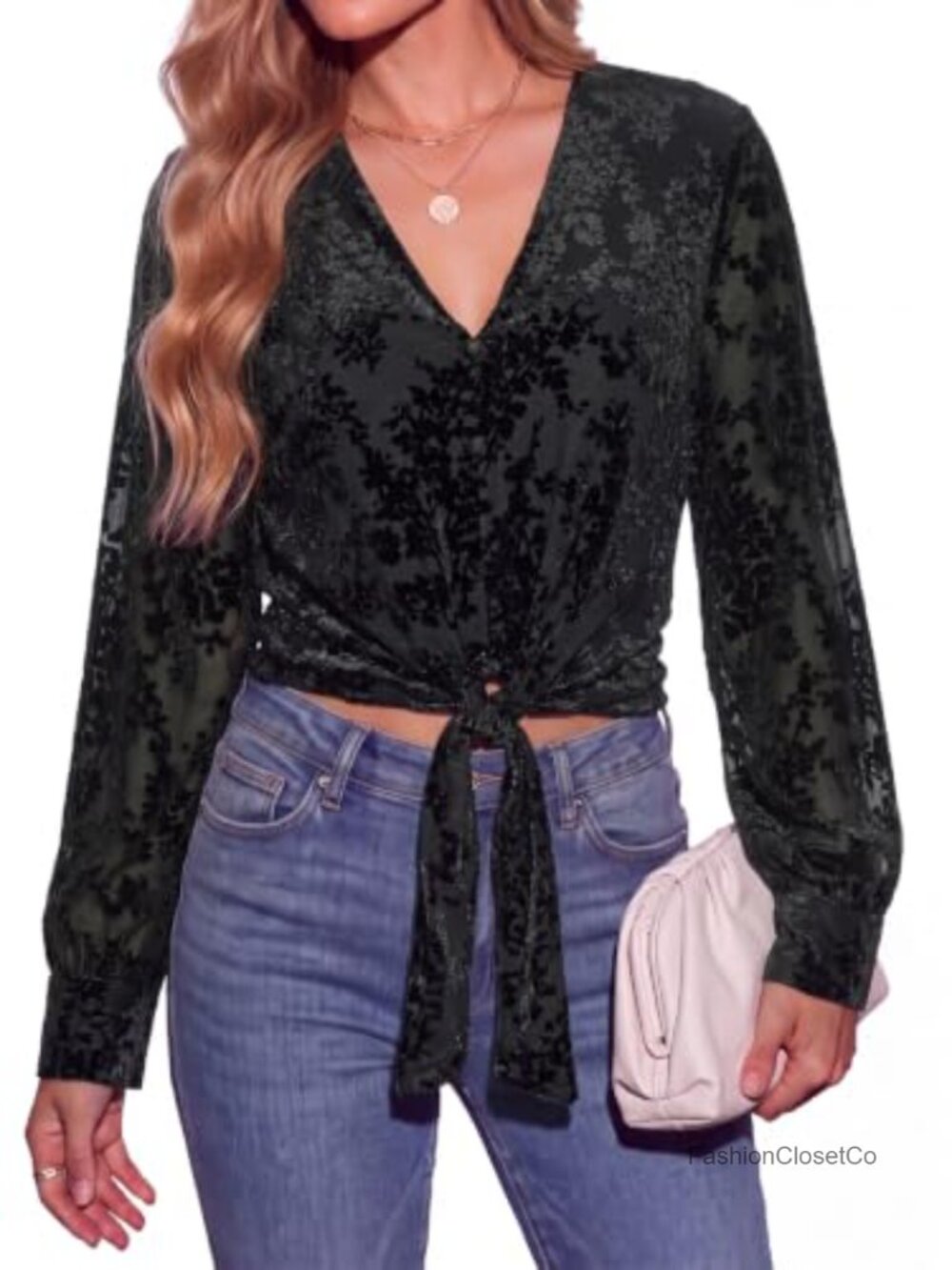 Double Lined Long Sleeve V-Neck Tie Knot Front Crop Top Blouse